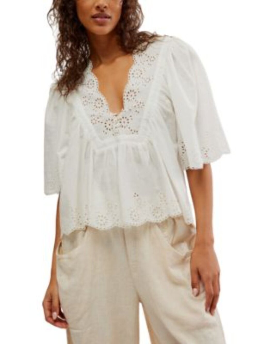 Free People Cotton Costa Eyelet Bohemian Peasant Top Size M